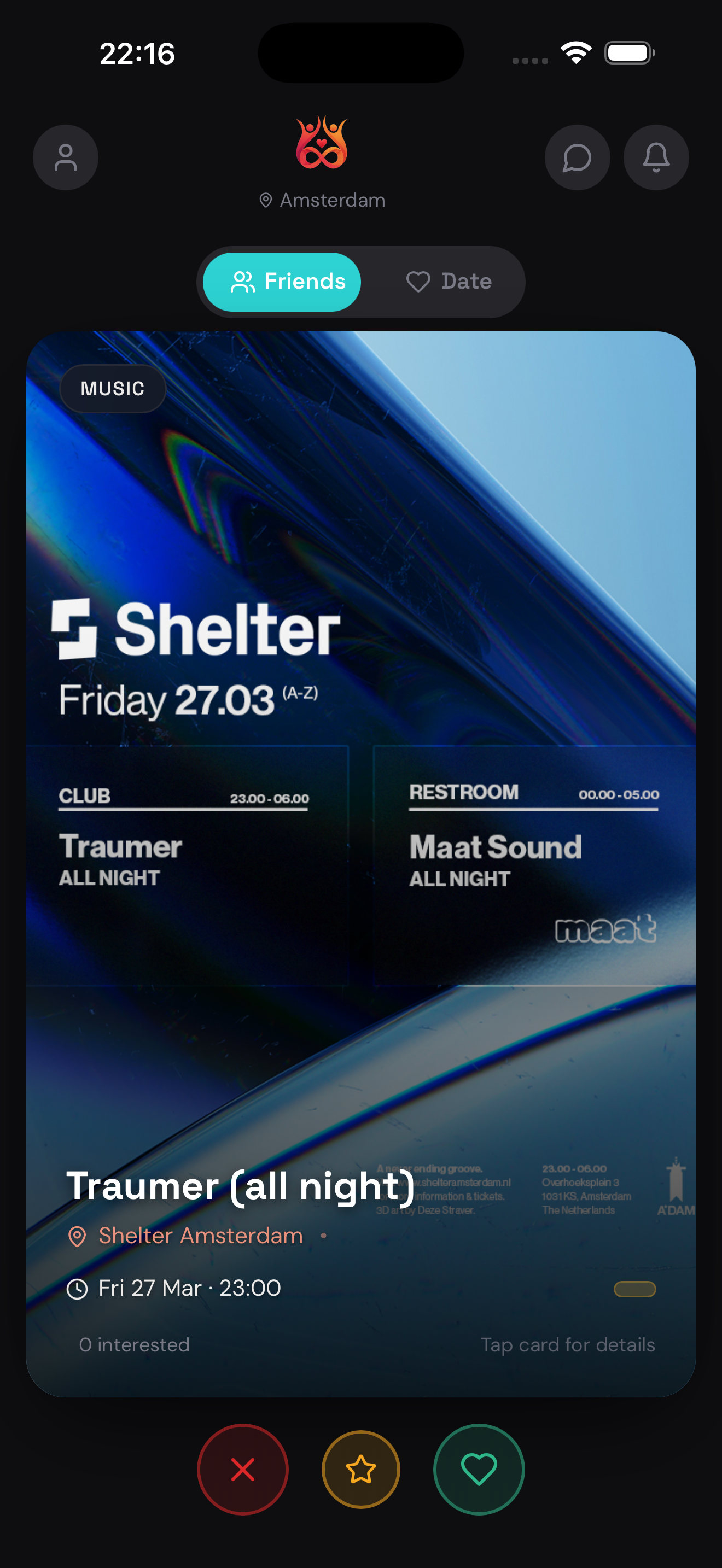 Klik app discover screen showing Friends mode and an event card.